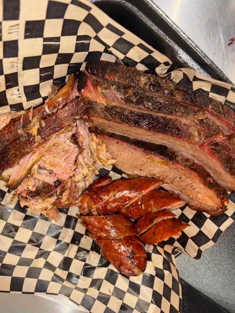 Tray of ribs, brisket and hot links