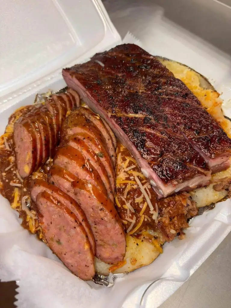 Pork ribs, sliced sausage and chopped brisket